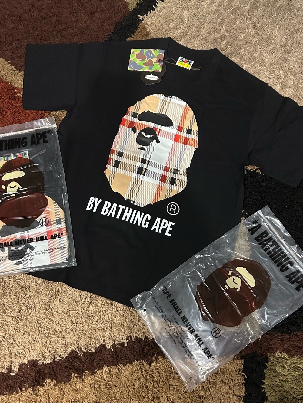 By BATHING APE Black Tee with Plaid Ape Logo Size S and M
